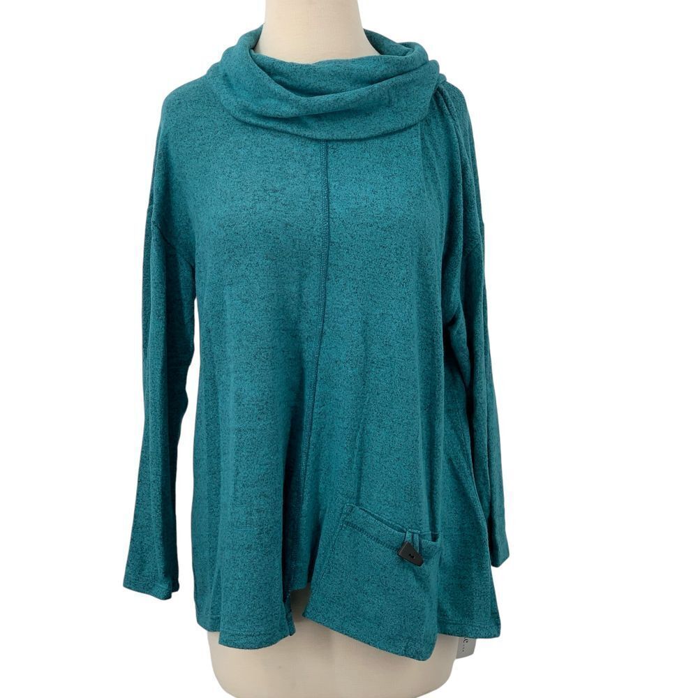 NWT Jess & Jane Teal Cowl Neck Sweater Front Pocket Casual Cozy Tunic Top Size S